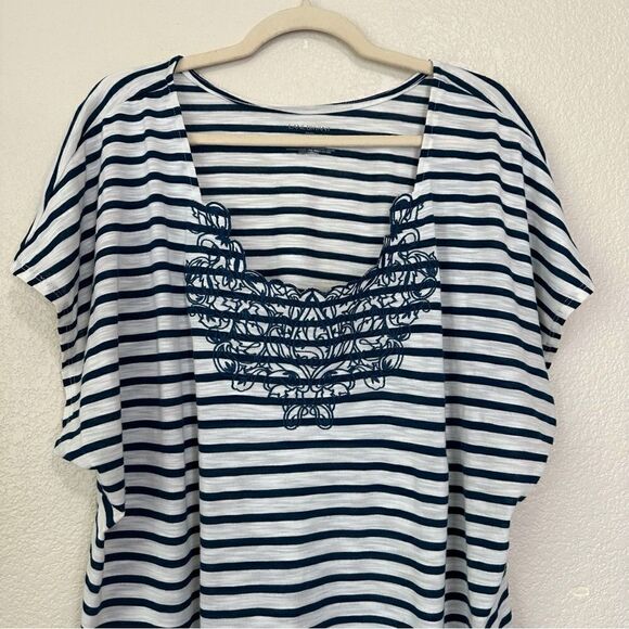 Lane Bryant Blue White Striped Embroidered Neckline Short Sleeves Top - Picture 2 of 9
